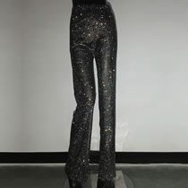 Fashion Black Pants Mesh Crystal Fishnet Trousers