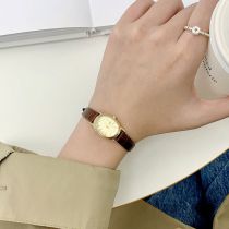 Fashion Coffee With Gold Frame And Gold Noodles Pu Oval Dial Watch (with Battery)