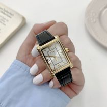 Fashion White Surface With Black Belt And Gold Frame Pu Rectangular Dial Watch (with Battery)