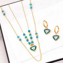 Fashion Necklace + Earrings Titanium Steel Geometric Beads Drip Oil Heart Double Layer Necklace Earring Set