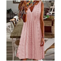 Fashion Pink Openwork Jacquard V-neck Sleeveless Dress