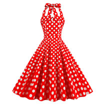 Fashion Big White Dots On Red Background Cotton Polka-dot Halterneck Tie Dress