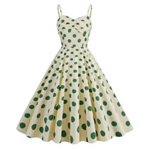Fashion Apricot Base Green Wave Dots Cotton Polka-dot Swing Dress