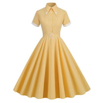 Fashion Yellow Polyester Lapel-breasted Button-waist Dress