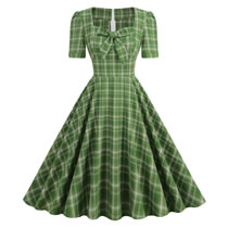 Fashion Green Grid Cotton Check Square Neck Bow Dress