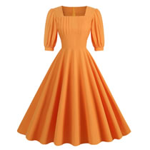 Fashion Orange Cotton Puff Sleeve Square Neck Dress