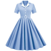 Fashion Light Blue Fine Grid Polyester Contrast Check Lapel Neck Waist Dress