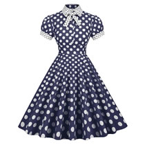 Fashion Navy Blue And White Dots Cotton Polka Dot Lapel Nipped Waist Dress