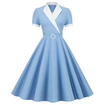 Fashion Light Blue Fine Grid Polyester Color Contrast Stand Collar Tie Swing Dress