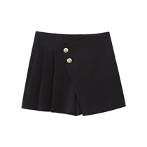 Fashion Black Woven Button-trimmed Pleated Culottes
