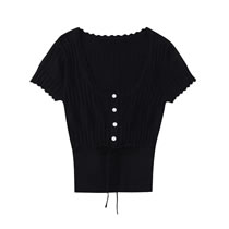 Fashion Black Cotton Jacquard And Mesh-knit Top