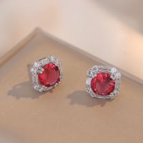 Fashion Red Gemstone Earrings Titanium Steel Diamond Square Stud Earrings