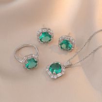 Fashion Emerald Suit Titanium Steel Diamond Square Necklace Earrings Stud Ring Set