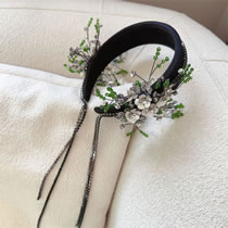 Fashion Green Geometric Crystal Branch Flower Claw Chain Tassel Wide Brim Headband
