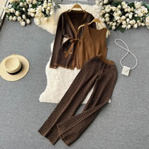 Fashion Brown Acrylic Printed Lace-up Cardigan Straight Leg Trousers Vest Three-piece Set