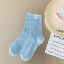 Fashion Blue Contrasting Color Cloth Label Stacked Socks Mid-calf Socks