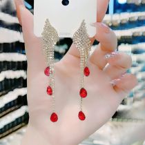 Fashion #2 Red Alloy Diamond Wings Water Drop Tassel Earrings