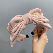 Fashion Korean Pink Bow Fabric Diamond Chain Bow Wide Brim Headband