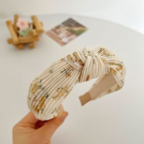 Fashion Beige Knotted Headband Fabric-print Knotted Wide-brimmed Headband