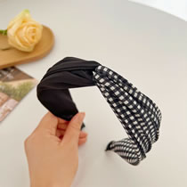 Fashion Black Check Crossover Headband Fabric Check Knotted Wide-brimmed Headband