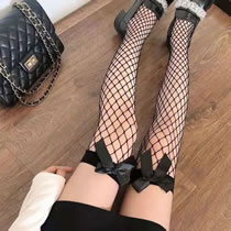 Fashion Net Long Tube Ribbon Black Cotton Bow Fishnet Socks
