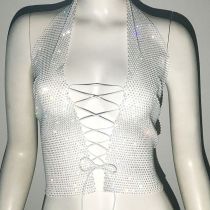Fashion White Rhinestone Fishnet Lace-up Top