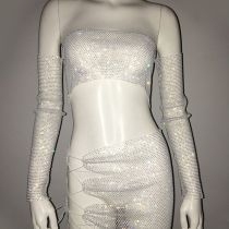Fashion White Mesh Rhinestone Fishnet Bandeau Skirt Set