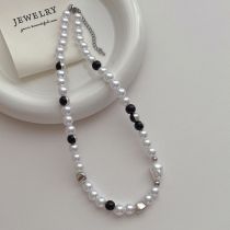 Fashion Contrast Panel Pearl Necklace Pearl Round Bead Panel Necklace