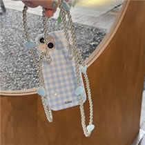 Fashion Large Hole Imd Blue And White Plaid + Long Chain Pendant Tpu Plaid Iphone Case + Long Chain Pendant