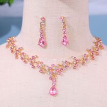 Fashion Pink Geometric Diamond Drop Earrings Necklace Set