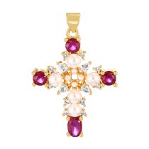 Fashion Rose Red Copper Paved Zirconia Pearl Cross Pendant Accessory