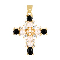 Fashion Black Copper Paved Zirconia Pearl Cross Pendant Accessory
