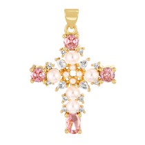 Fashion Pink Copper Paved Zirconia Pearl Cross Pendant Accessory