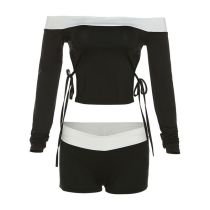 Fashion Black Contrasting Color Boat Neck Tie Top Low Waist Shorts Suit