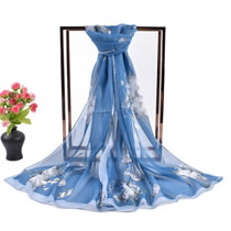 Fashion Blue Chiffon Printed Long Silk Scarf