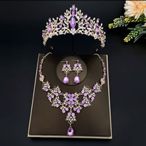 Fashion Gold Purple Crown + Leaves Necklace Earrings Alloy Diamond Crown Geometric Earrings Necklace Three-piece Set