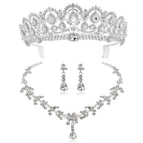 Fashion Silver White Crown + Necklace Earrings Alloy Diamond Crown Geometric Earrings Necklace Three-piece Set