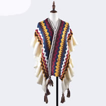 Fashion Gold Striped Knitted Wool Fringed Shawl Cape