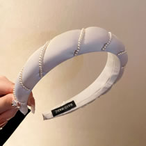 Fashion Headband - Beige Fabric Pearl Wrap Wide Brim Headband