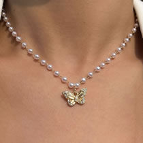 Fashion 6# Pearl Chain Diamond Butterfly Necklace