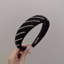 Fashion Black Fabric Diamond-studded Twill Wide-brimmed Headband