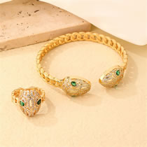 Fashion Set 6 Copper And Diamond Snake Cuff Bracelet Ring Set