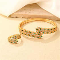 Fashion Suit 2 Zirconia Geometric Cuff Bracelet Ring Set In Copper