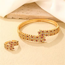 Fashion Suit 3 Zirconia Geometric Cuff Bracelet Ring Set In Copper