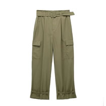 Fashion Army Green Polyester Belted Cargo Trousers