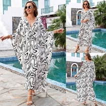 Fashion 2# Cotton Printed V-neck Beach Dress