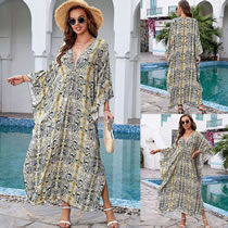 Fashion 9# Cotton Printed V-neck Beach Dress