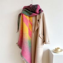 Fashion 8 Pink Yellow Color-block Cashmere-effect Frayed Scarf