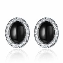 Fashion Platinum Copper Oval Black Onyx Stud Earrings