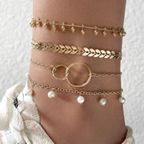 Fashion Gold Alloy Pearl Wheat Ear Geometric Ring Anklet Set